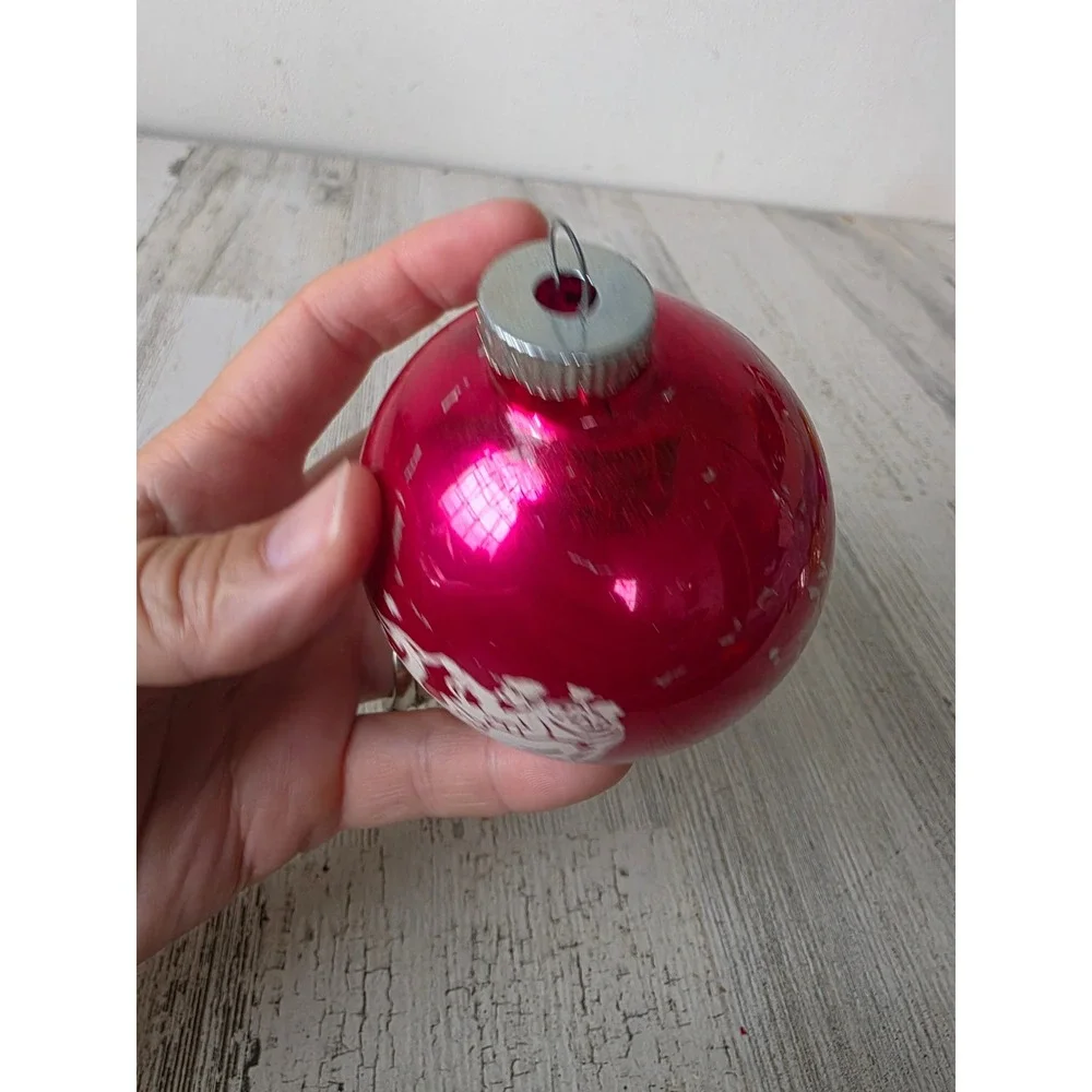 Vintage reindeer pink stencil sleigh Santa shiny Brite ornament glass Xmas tree